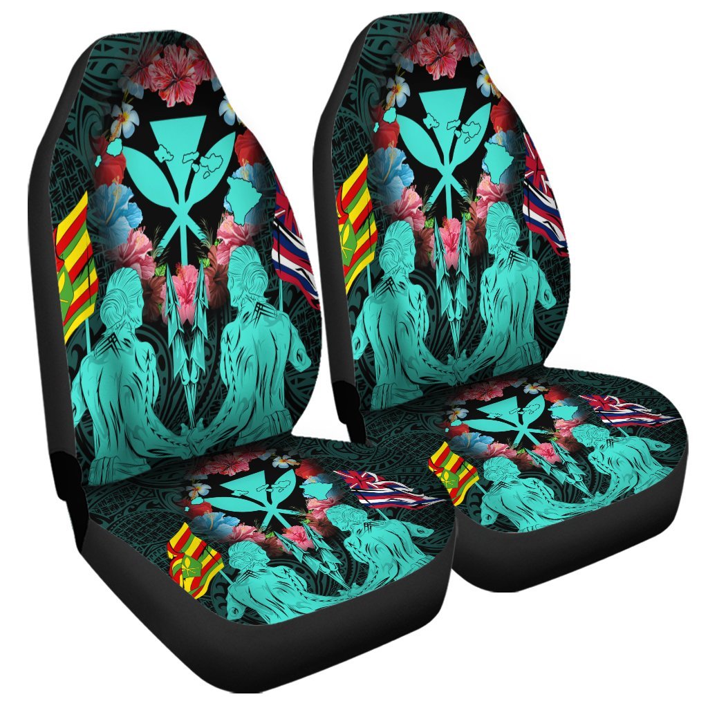 Hawaii Map Kanaka Two Men Holding Flag Car Seat Covers Turquoise - AH Universal Fit Black - Polynesian Pride