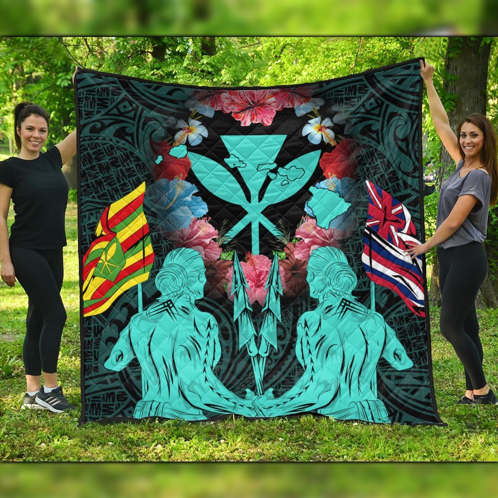 Hawaii Map Kanaka Two Men Holding Flag Premium Quilts Turquoise - AH Black - Polynesian Pride