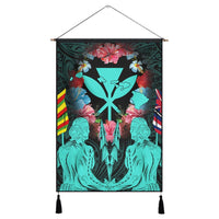 Hawaii Map Kanaka Two Men Holding Flag Hanging Poster Turquoise - AH Hanging Poster Cotton And Linen - Polynesian Pride