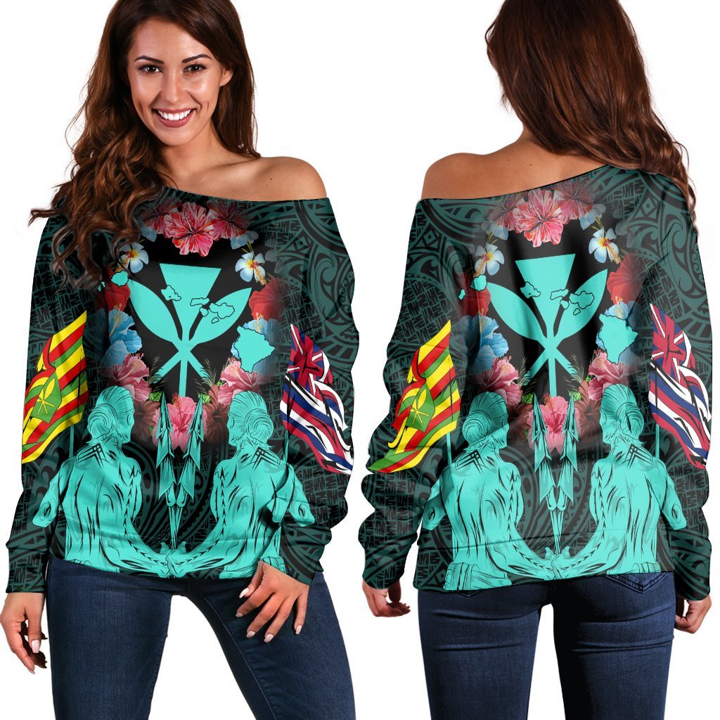 Hawaii Map Kanaka Two Men Holding Flag Women's Off Shoulder Sweater Turquoise - AH Black - Polynesian Pride