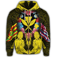 Hawaii Map Kanaka Two Men Holding Flag Zip Hoodie Yellow - Polynesian Pride