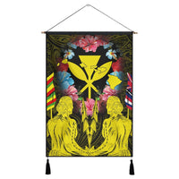 Hawaii Map Kanaka Two Men Holding Flag Hanging Poster Yellow - AH Hanging Poster Cotton And Linen - Polynesian Pride