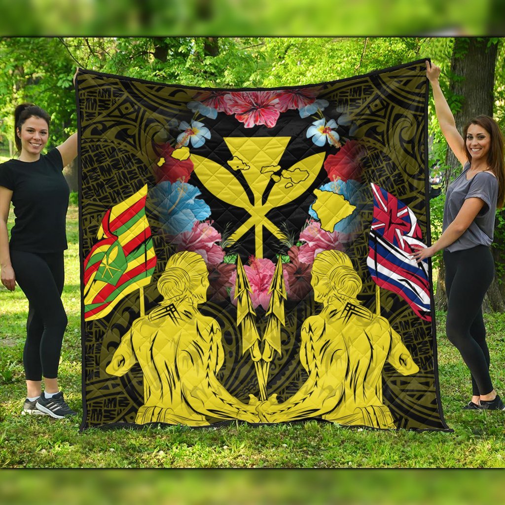 Hawaii Map Kanaka Two Men Holding Flag Premium Quilts Yellow - AH Black - Polynesian Pride