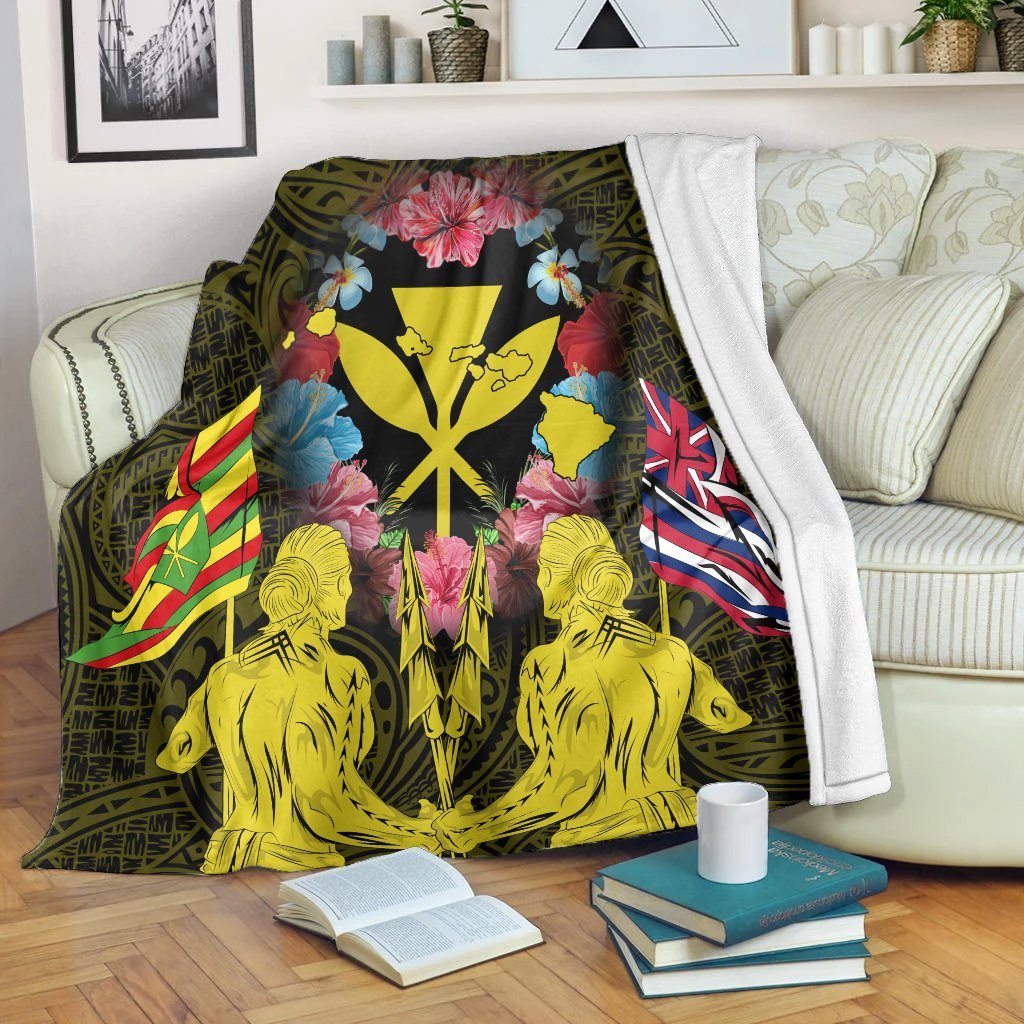 Hawaii Map Kanaka Two Men Holding Flag Premium Blankets Yellow - AH White - Polynesian Pride