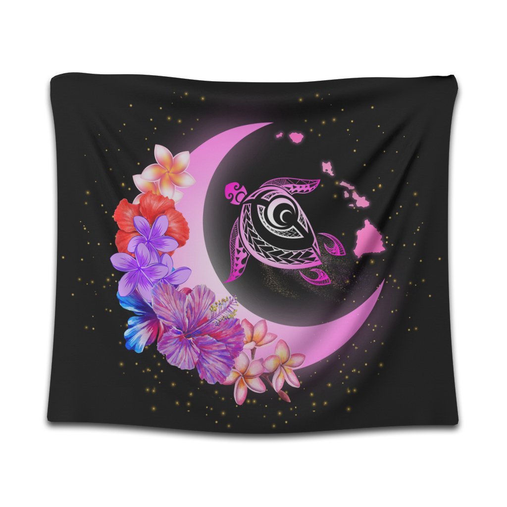 Hawaii Map Moon Star Turtle Plumeria Hibiscus Tapestry - AH Wall Tapestry Black - Polynesian Pride