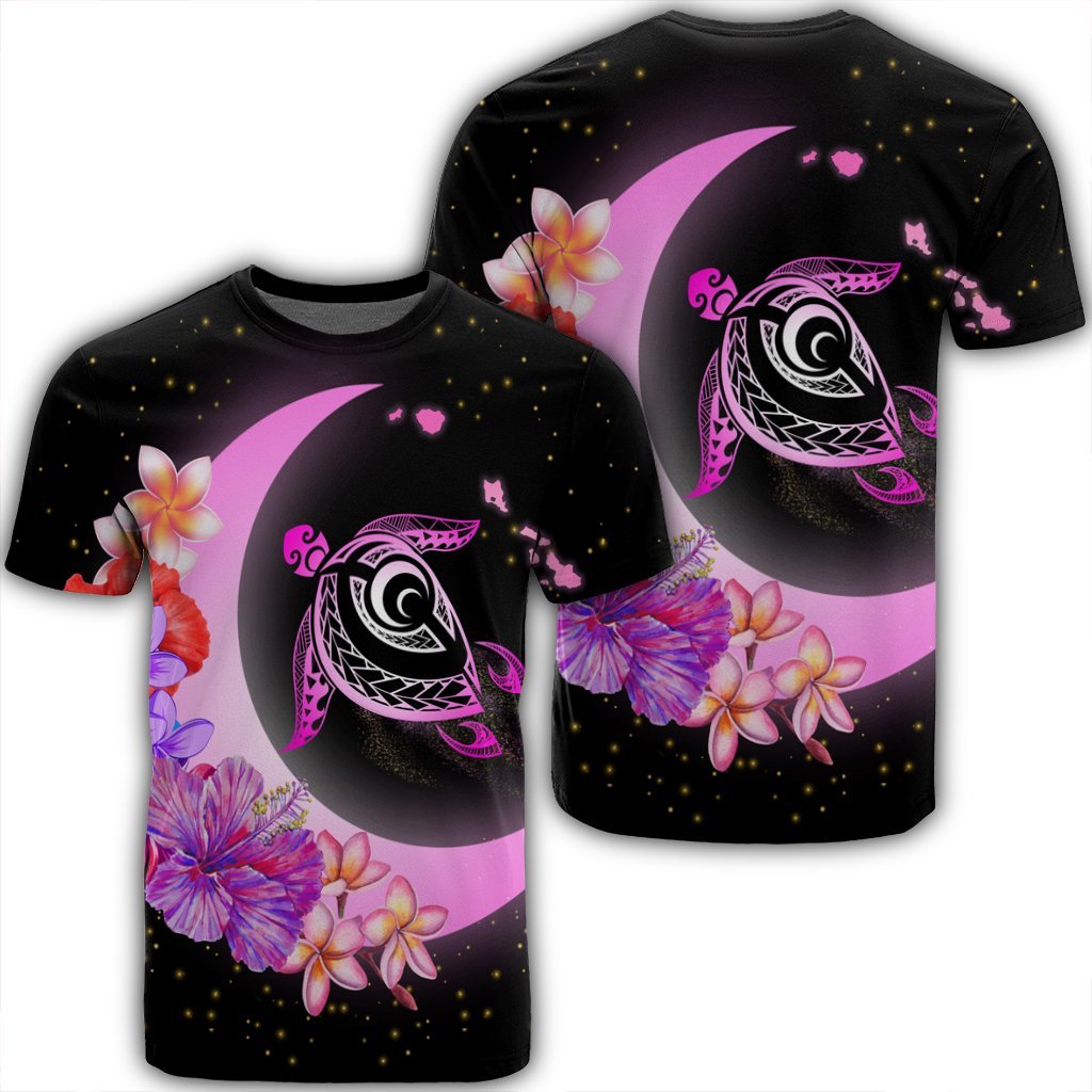 Hawaii Map Moon Star Turtle Plumeria Hibiscus T Shirt Unisex Black - Polynesian Pride