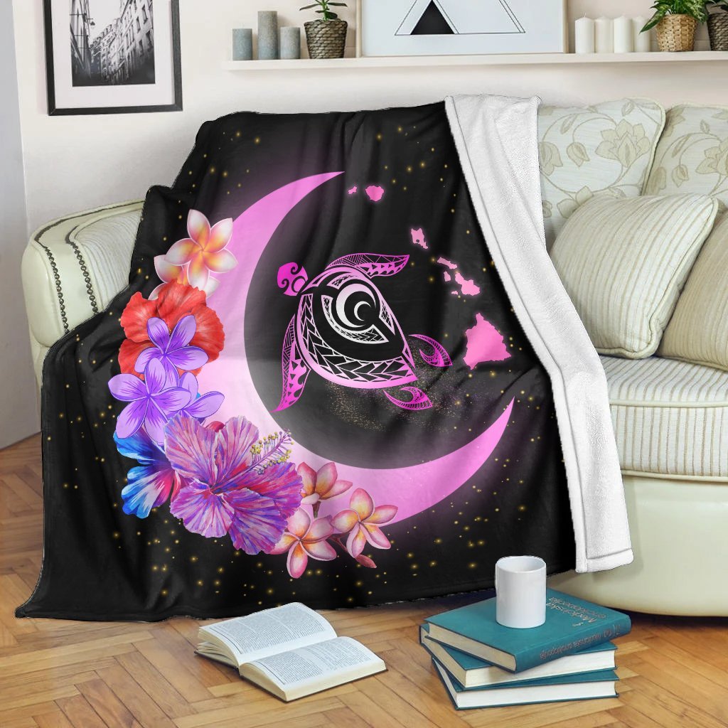 Hawaii Map Moon Star Turtle Plumeria Hibiscus Premium Blankets - AH White - Polynesian Pride