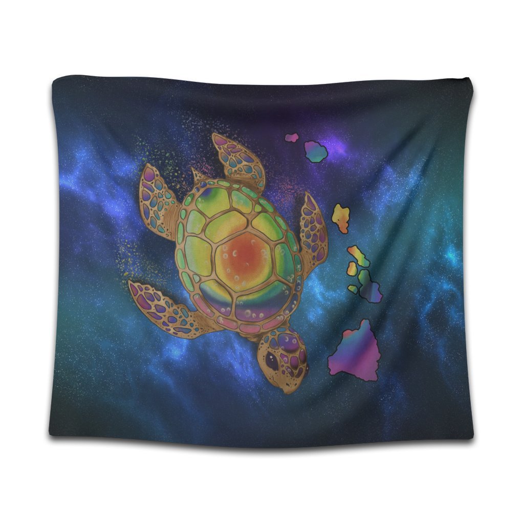 Hawaii Map Turtle Galaxy Tapestry - AH - Blue Wall Tapestry Black - Polynesian Pride