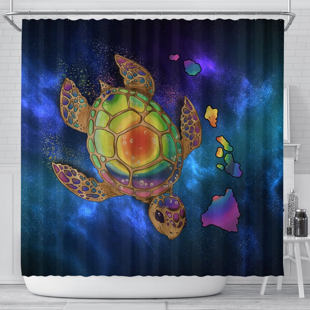 Hawaii Map Turtle Galaxy Shower Curtain - AH - Blue 177 x 172 (cm) Black - Polynesian Pride