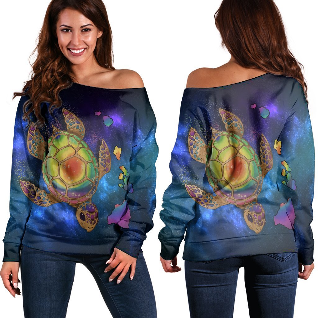 Hawaii Map Turtle Galaxy Women's Off Shoulder Sweater - AH - Blue Black - Polynesian Pride