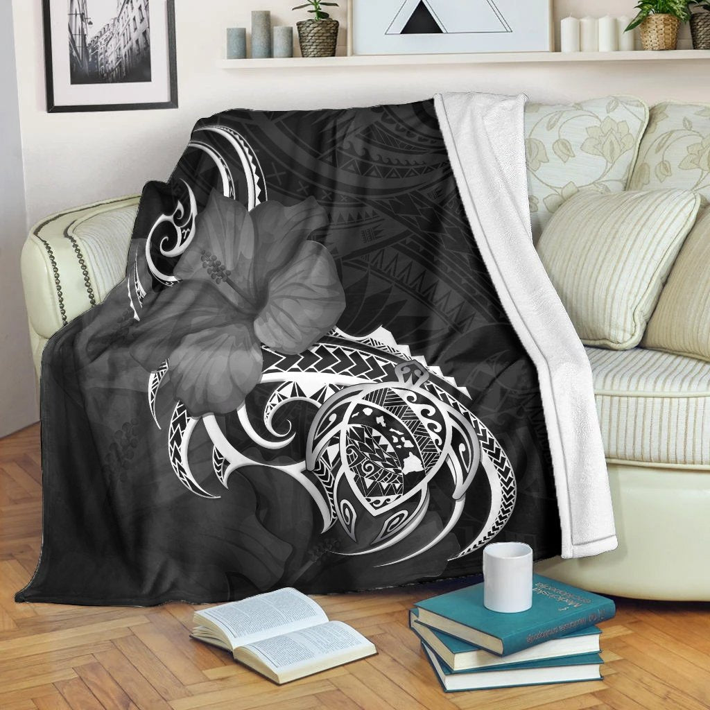 Hawaii Map Turtle Hibiscus Divise Polynesian Premium Blankets - AH White - Polynesian Pride