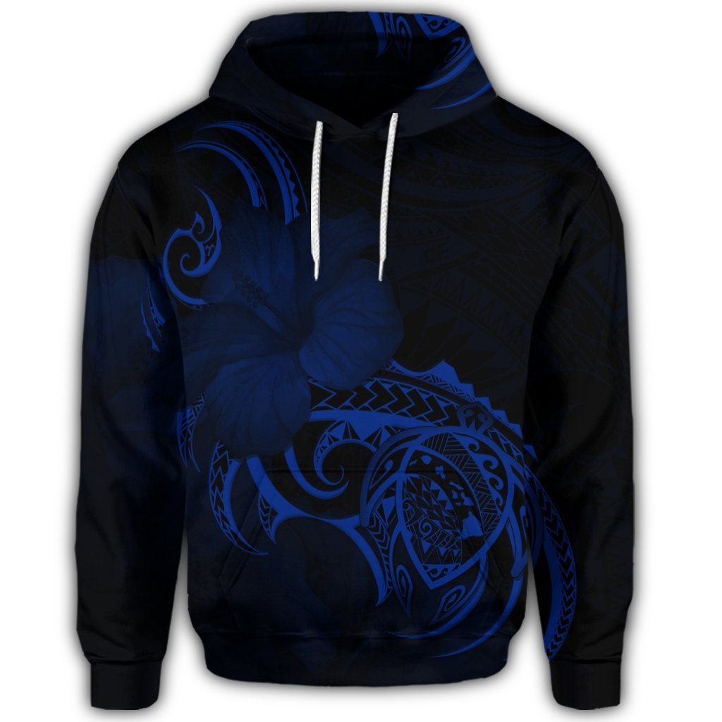 Hawaiian Map Turtle Hibiscus Divise Polynesian Hoodie Blue - Polynesian Pride
