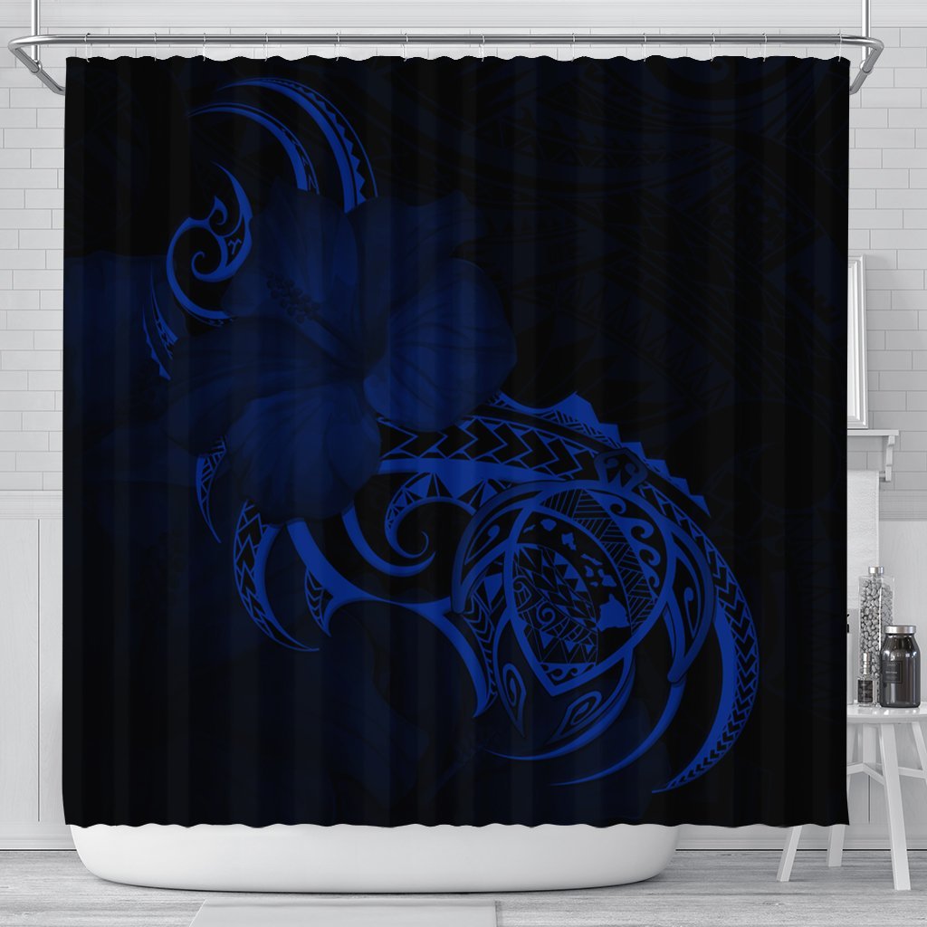 Hawaii Map Turtle Hibiscus Divise Polynesian Shower Curtain Blue - AH 177 x 172 (cm) Black - Polynesian Pride