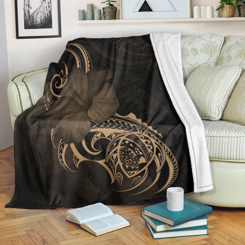 Hawaii Map Turtle Hibiscus Divise Polynesian Premium Blankets Gold - AH White - Polynesian Pride