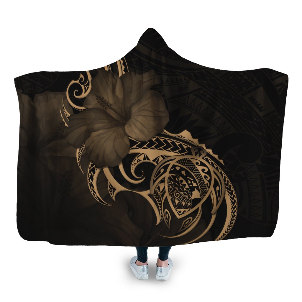 Hawaii Map Turtle Hibiscus Divise Polynesian Hooded Blanket Gold - AH Hooded Blanket White - Polynesian Pride