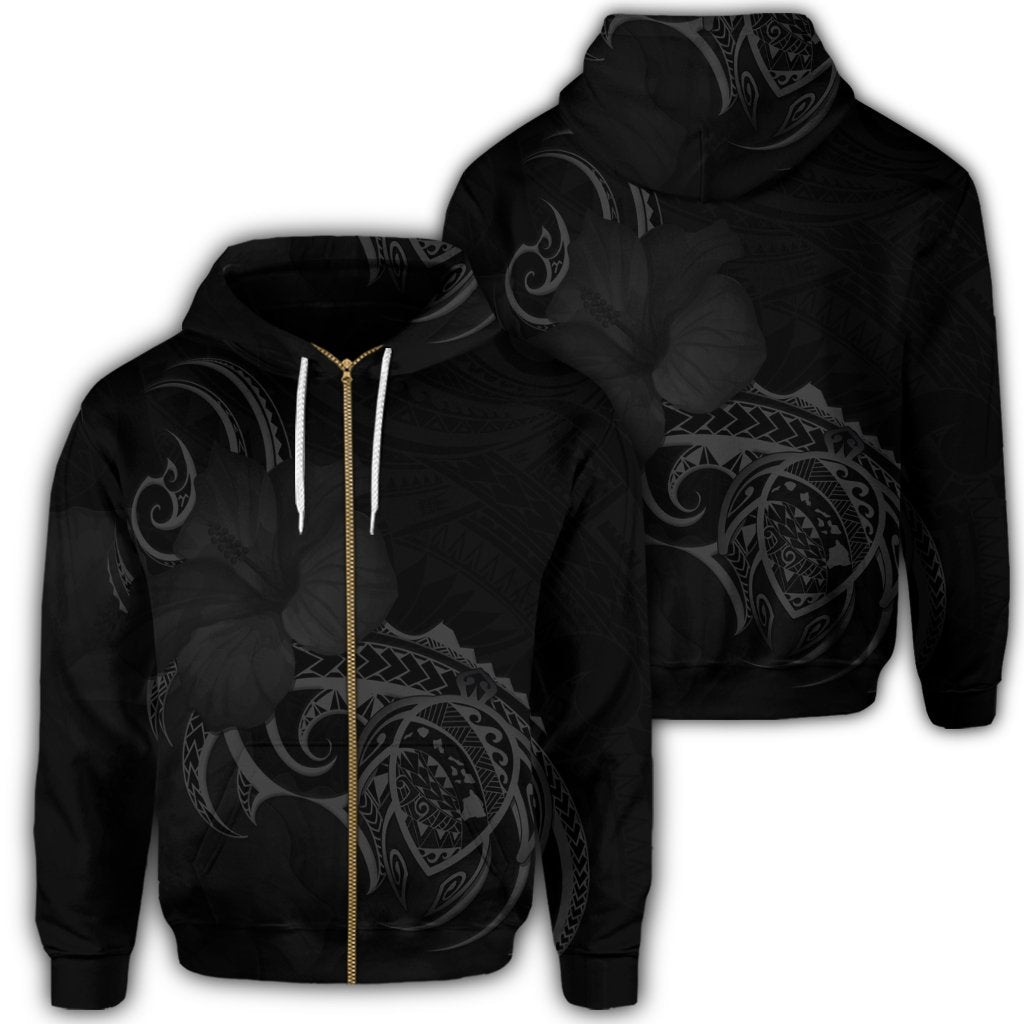Hawaii Map Turtle Hibiscus Divise Polynesian Zip Hoodie Gray Unisex Art - Polynesian Pride