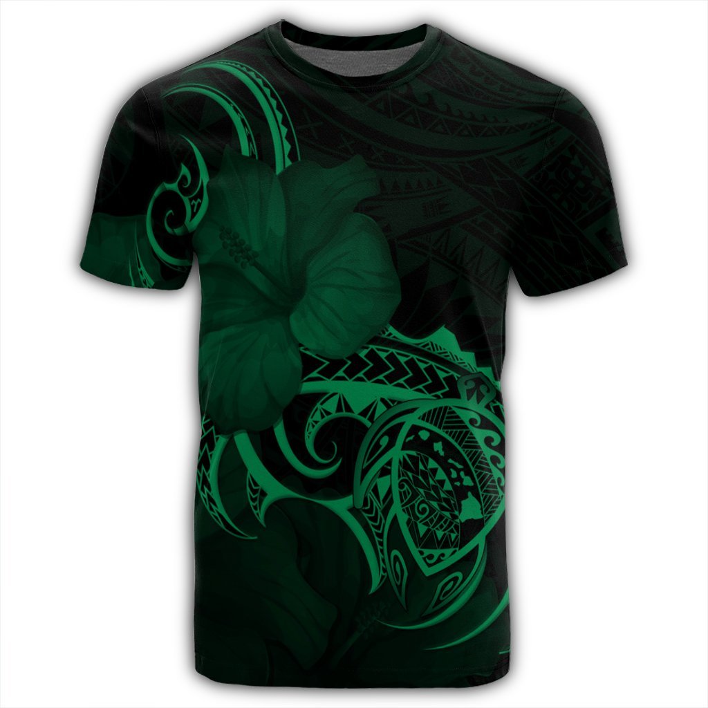 Hawaii Map Turtle Hibiscus Divise Polynesian T Shirt Green - Polynesian Pride