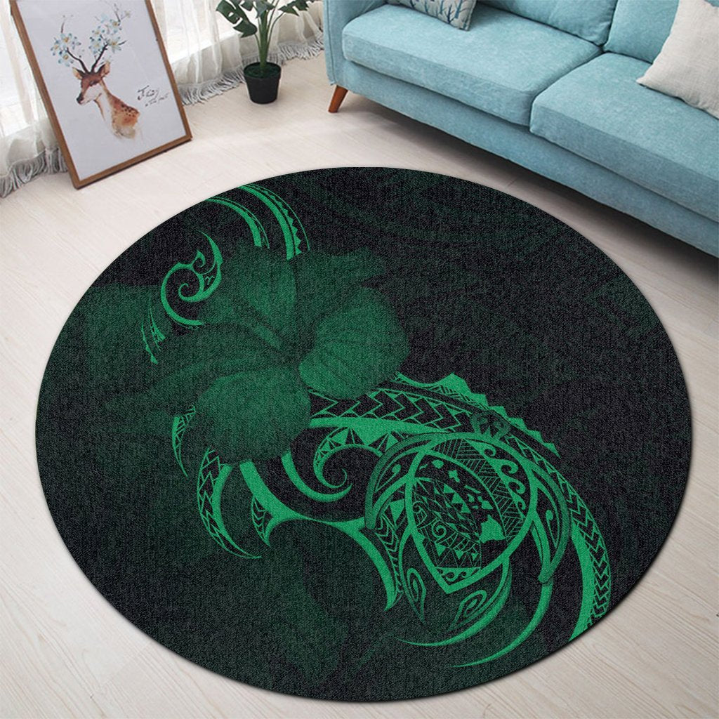 Hawaii Map Turtle Hibiscus Divise Polynesian Round Carpet Green - AH - Polynesian Pride