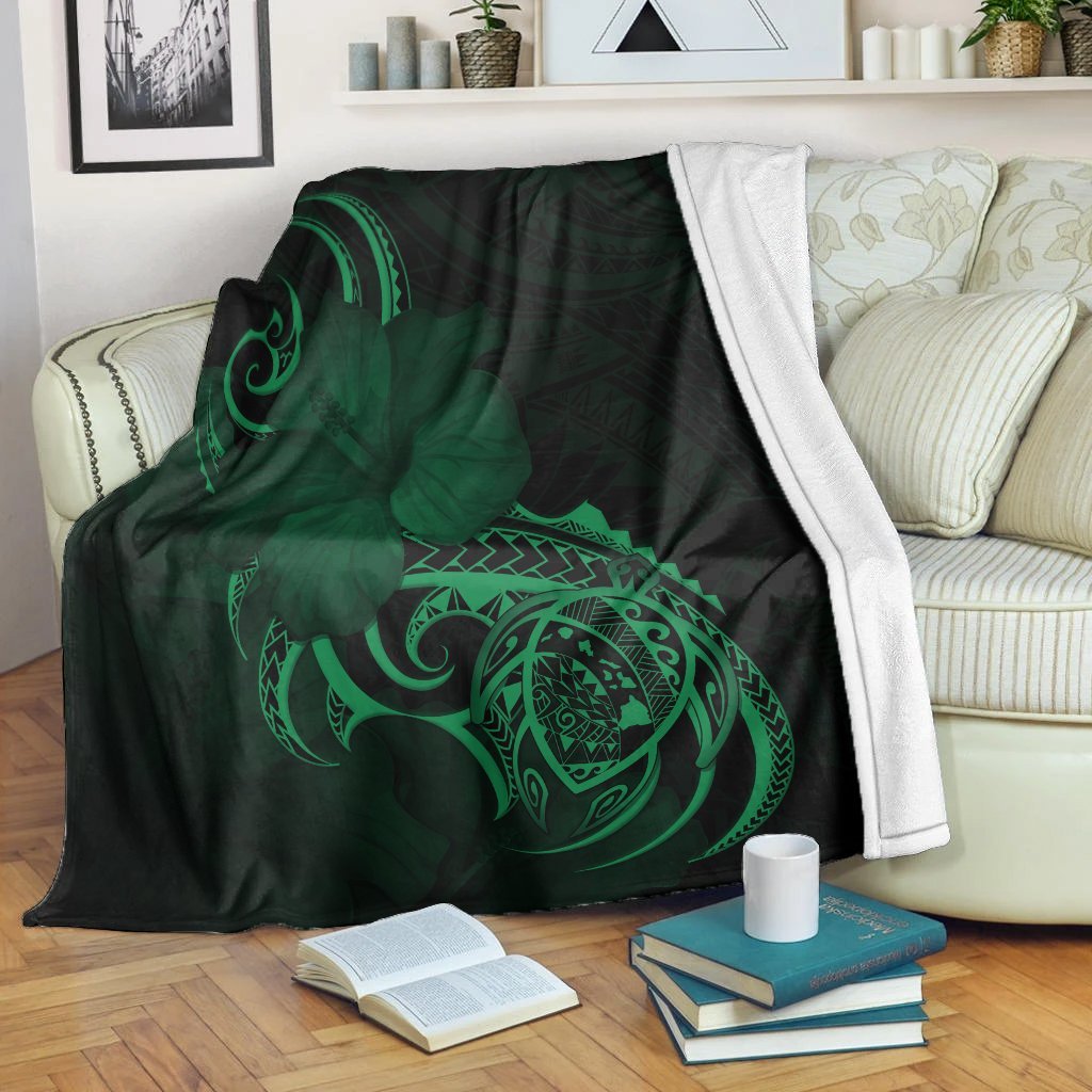 Hawaii Map Turtle Hibiscus Divise Polynesian Premium Blankets Green - AH White - Polynesian Pride