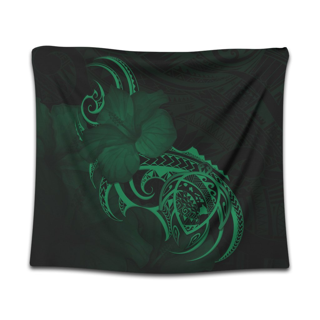 Hawaii Map Turtle Hibiscus Divise Polynesian Tapestry Green - AH Wall Tapestry Black - Polynesian Pride