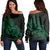 Hawaii Map Turtle Hibiscus Divise Polynesian Women's Off Shoulder Sweater Green - AH Black - Polynesian Pride