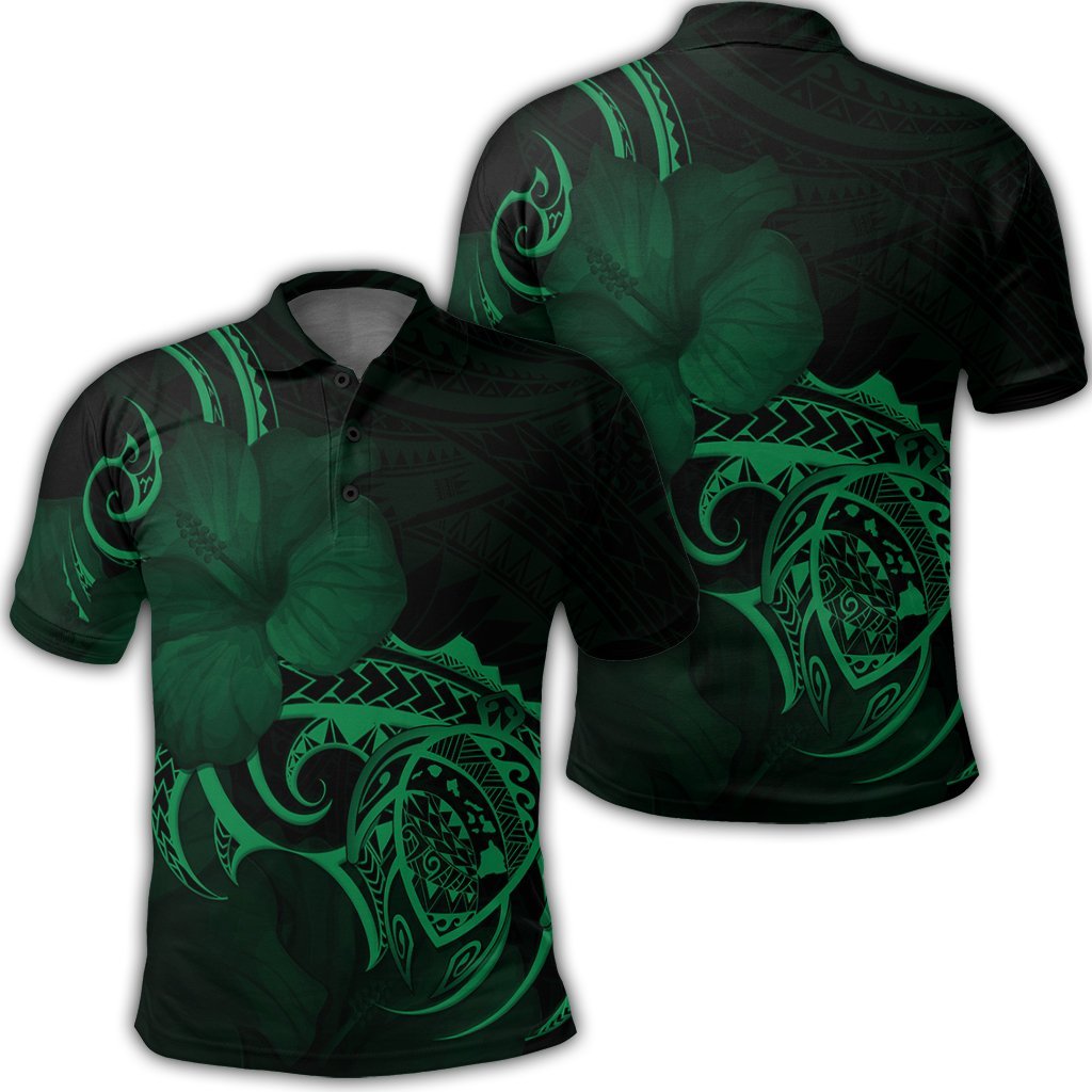 Hawaii Map Turtle Hibiscus Divise Polynesian Polo Shirt Green Unisex Black - Polynesian Pride