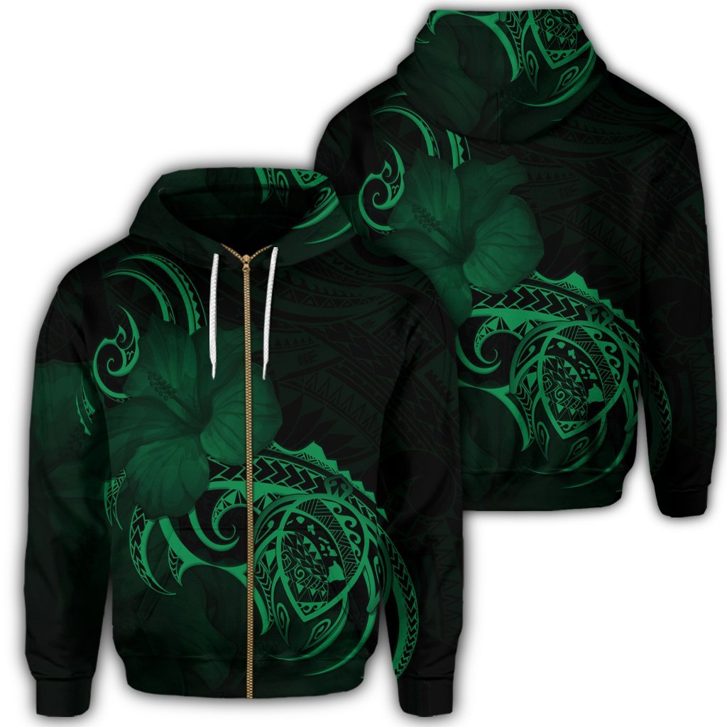 Hawaii Map Turtle Hibiscus Divise Polynesian Zip Hoodie Green Unisex Art - Polynesian Pride