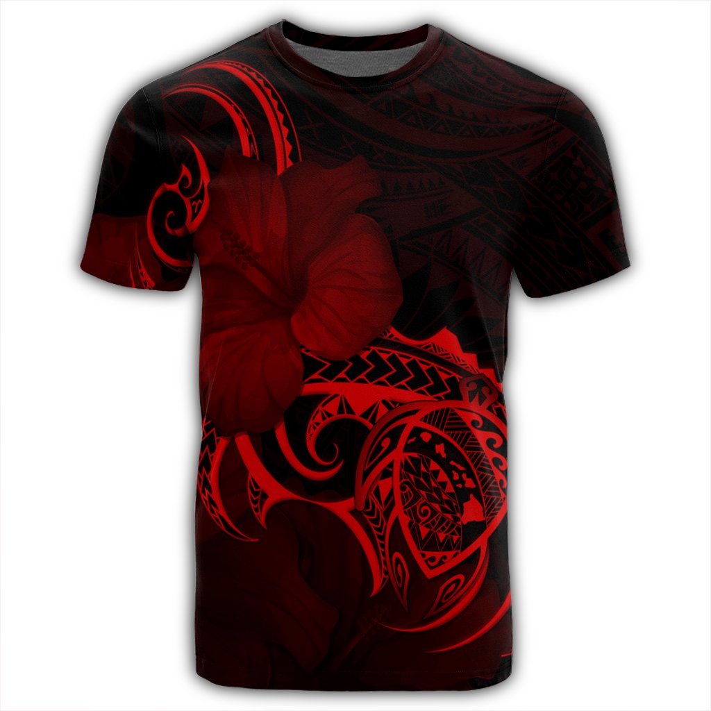 Hawaii Map Turtle Hibiscus Divise Polynesian T Shirt Red - Polynesian Pride