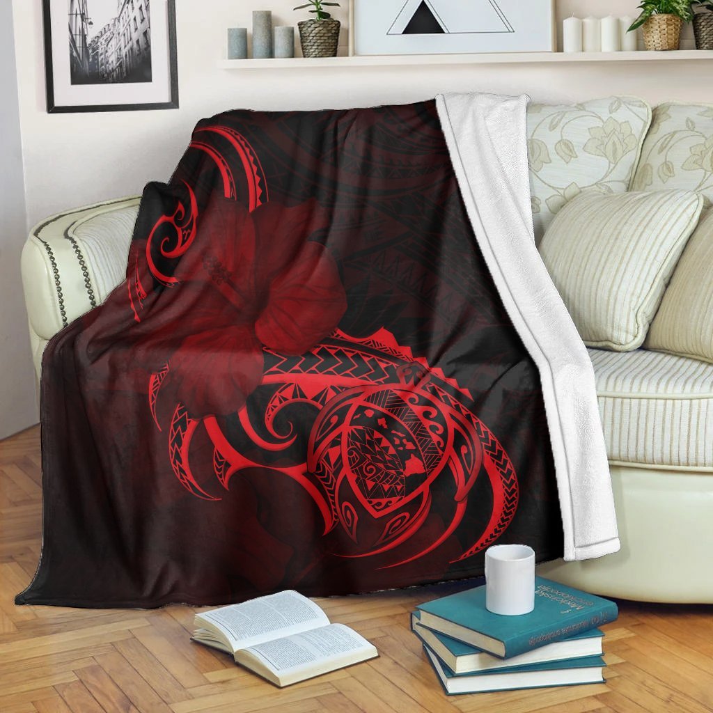 Hawaii Map Turtle Hibiscus Divise Polynesian Premium Blankets Red - AH White - Polynesian Pride