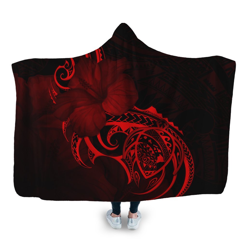 Hawaii Map Turtle Hibiscus Divise Polynesian Hooded Blanket Red - AH Hooded Blanket White - Polynesian Pride