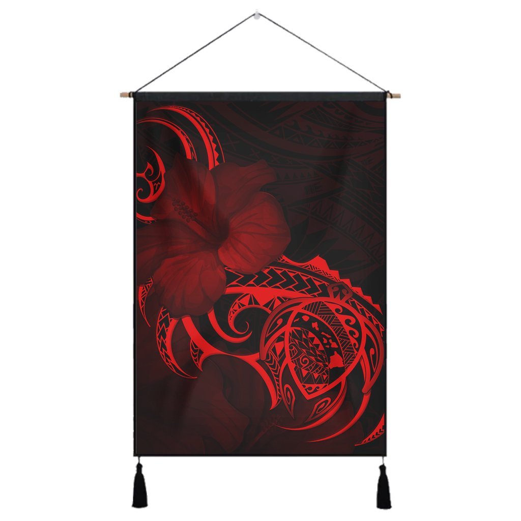 Hawaii Map Turtle Hibiscus Divise Polynesian Hanging Poster Red - AH Hanging Poster Cotton And Linen - Polynesian Pride