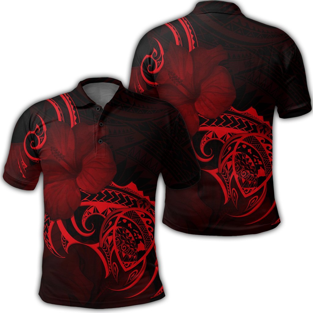 Hawaii Map Turtle Hibiscus Divise Polynesian Polo Shirt Red Unisex Black - Polynesian Pride