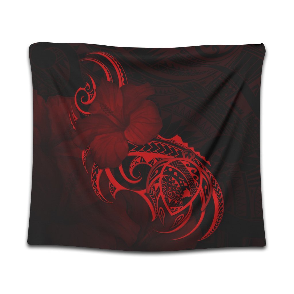 Hawaii Map Turtle Hibiscus Divise Polynesian Tapestry Red - AH Wall Tapestry Black - Polynesian Pride