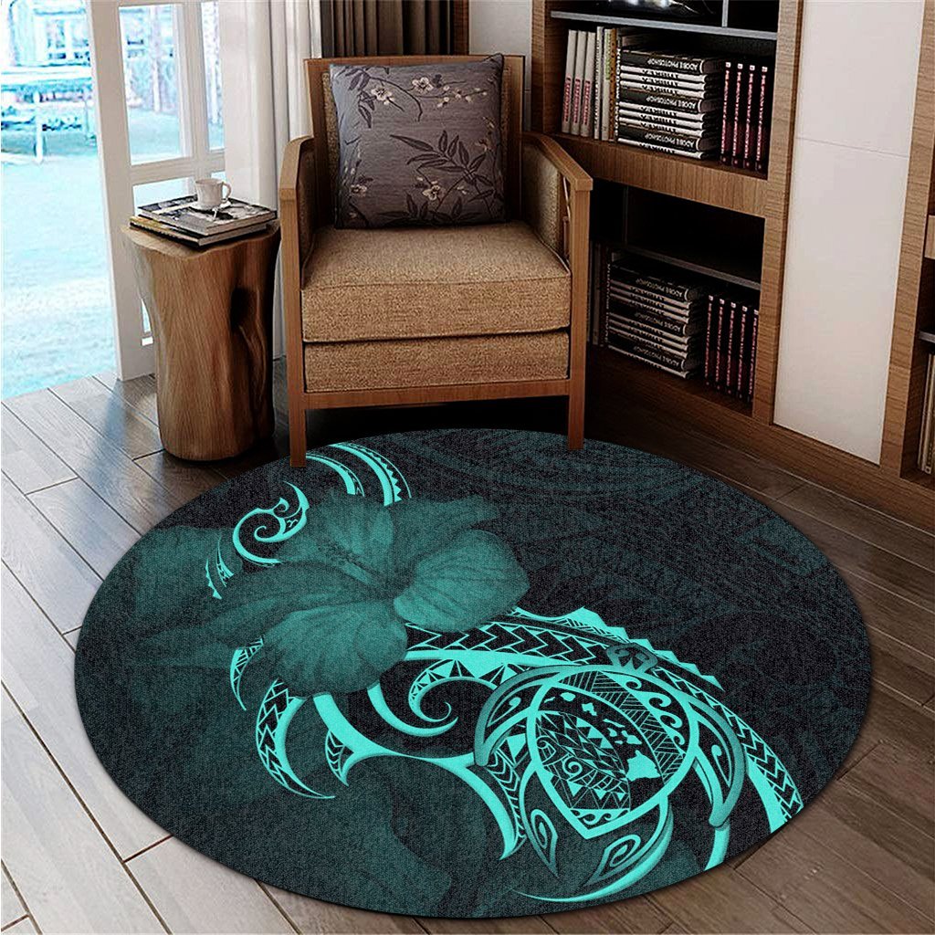 Hawaii Map Turtle Hibiscus Divise Polynesian Round Carpet Turquoise - AH - Polynesian Pride