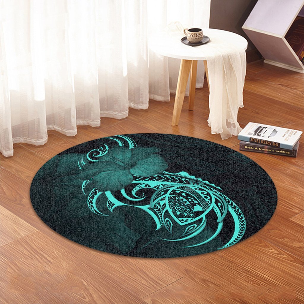 Hawaii Map Turtle Hibiscus Divise Polynesian Round Carpet Turquoise - AH - Polynesian Pride