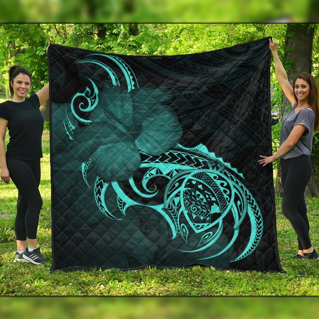 Hawaii Map Turtle Hibiscus Divise Polynesian Premium Quilts Turquoise - AH Black - Polynesian Pride