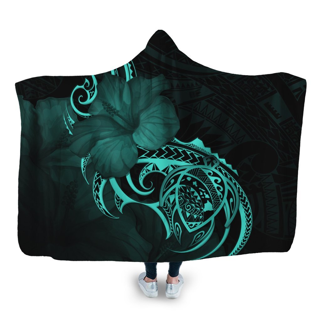 Hawaii Map Turtle Hibiscus Divise Polynesian Hooded Blanket Turquoise - AH Hooded Blanket White - Polynesian Pride