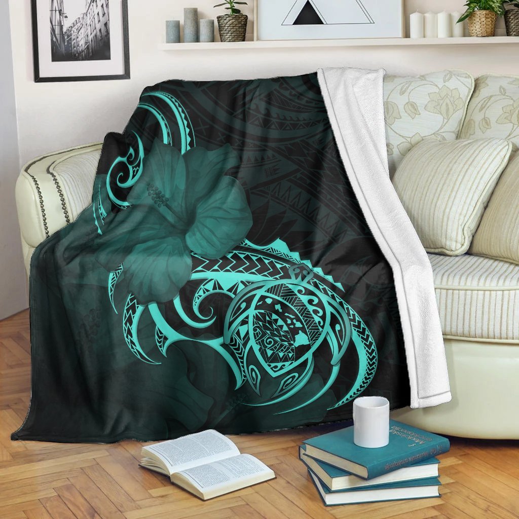 Hawaii Map Turtle Hibiscus Divise Polynesian Premium Blankets Turquoise - AH White - Polynesian Pride