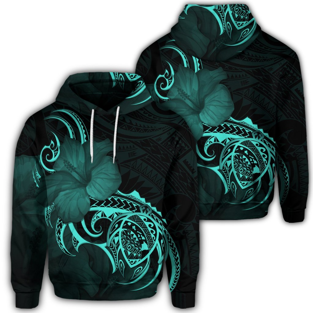 Hawaiian Map Turtle Hibiscus Divise Polynesian Hoodie Turquoise Unisex Art - Polynesian Pride