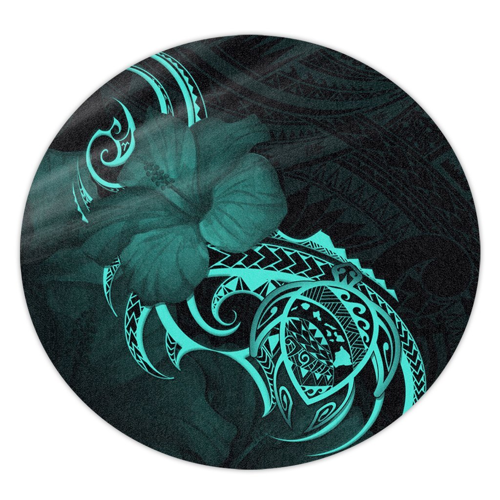 Hawaii Map Turtle Hibiscus Divise Polynesian Round Carpet Turquoise - AH Round Carpet Luxurious Plush - Polynesian Pride