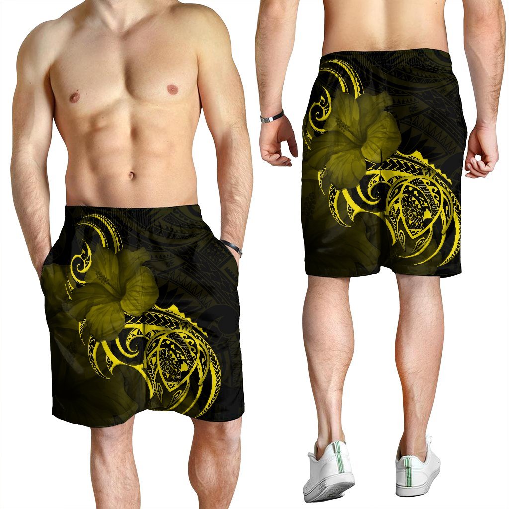 Hawaii Map Turtle Hibiscus Divise Polynesian Men's Shorts Yellow - AH - Polynesian Pride