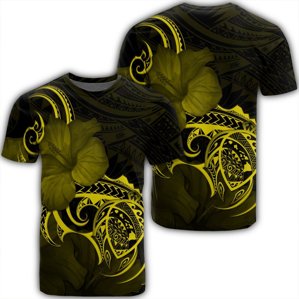 Hawaii Map Turtle Hibiscus Divise Polynesian T Shirt Yellow Unisex Black - Polynesian Pride