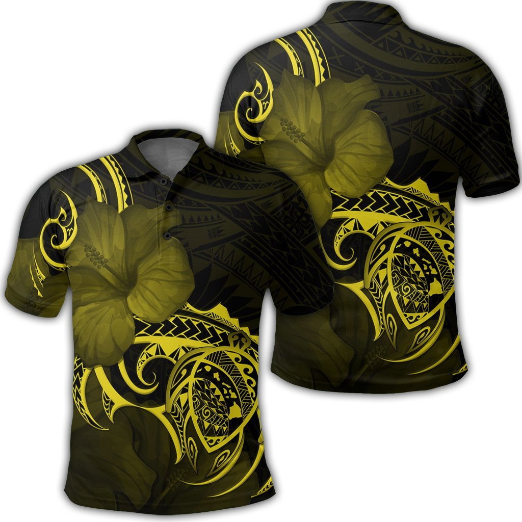 Hawaii Map Turtle Hibiscus Divise Polynesian Polo Shirt Yellow Unisex Black - Polynesian Pride