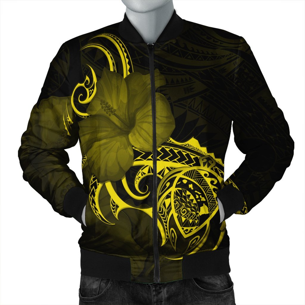 Hawaii Map Turtle Hibiscus Divise Polynesian Bomber Jacket Yellow - AH Black Unisex - Polynesian Pride