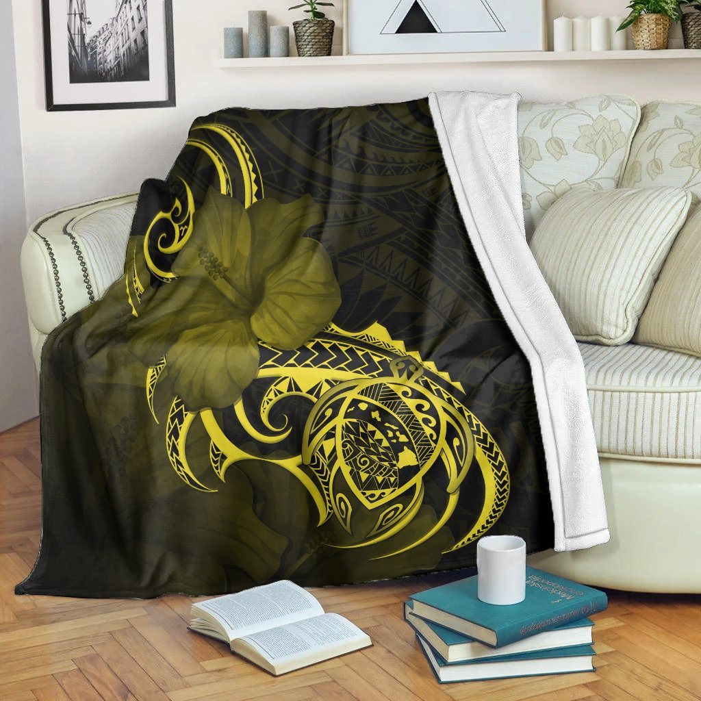 Hawaii Map Turtle Hibiscus Divise Polynesian Premium Blankets Yellow - AH White - Polynesian Pride