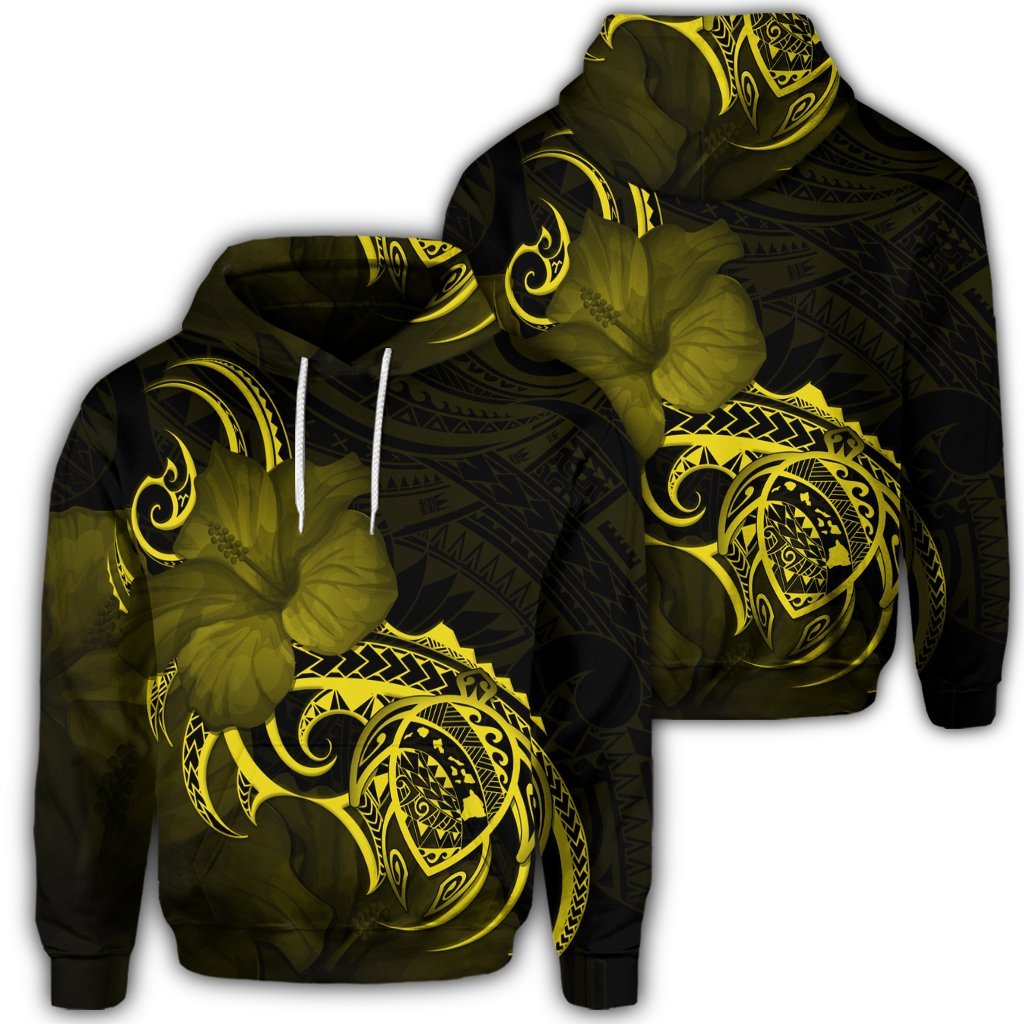 Hawaiian Map Turtle Hibiscus Divise Polynesian Hoodie Yellow Unisex Art - Polynesian Pride