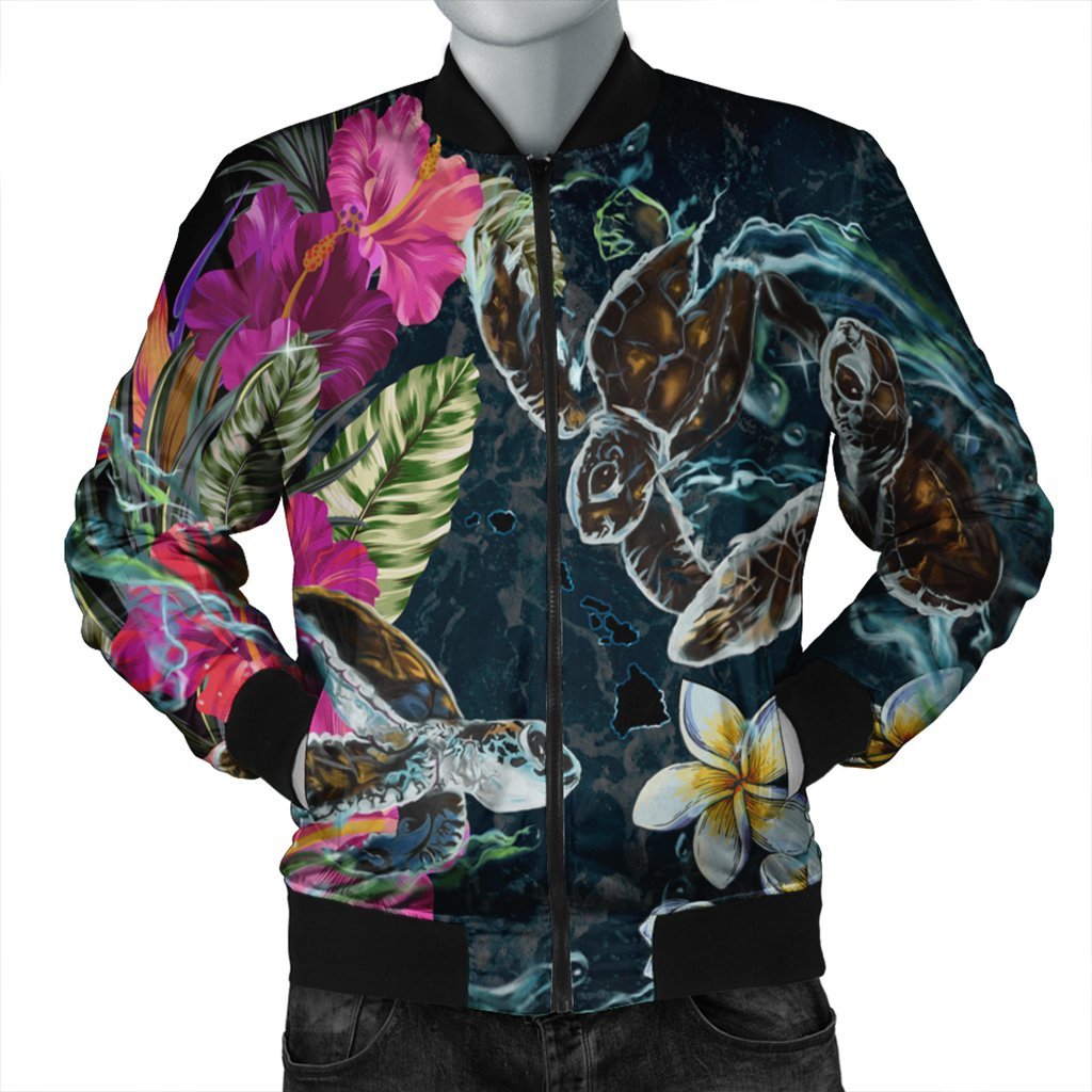 Hawaii Map Turtle Swimming Hibiscus Plumeria Moana Bomber Jacket - AH Black Unisex - Polynesian Pride