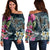 Hawaii Map Turtle Swimming Hibiscus Plumeria Moana Women's Off Shoulder Sweater - AH Black - Polynesian Pride