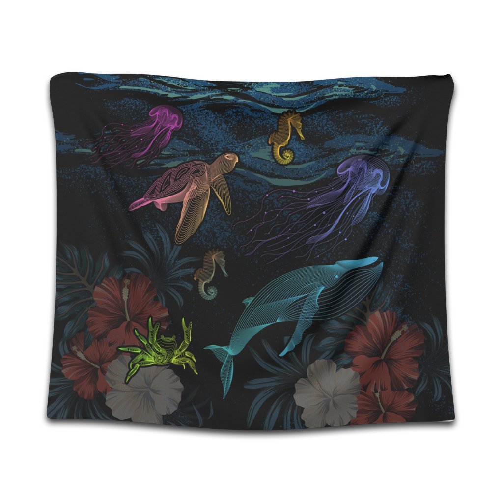 Hawaii Marine Life Sea Tapestry - AH Wall Tapestry Black - Polynesian Pride