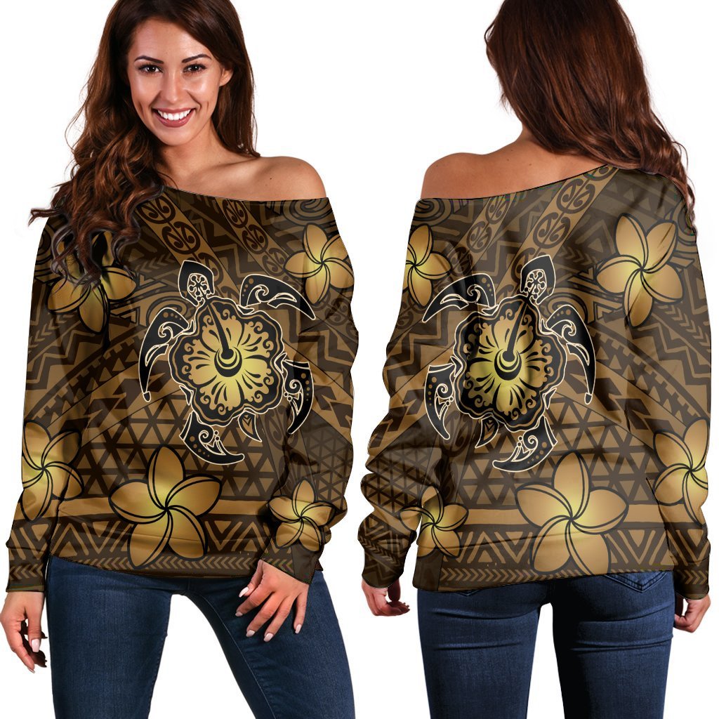 Hawaii Mix Polynesian Turtle Plumeria Women's Off Shoulder Sweater - AH - Nick Style - Brown Black - Polynesian Pride